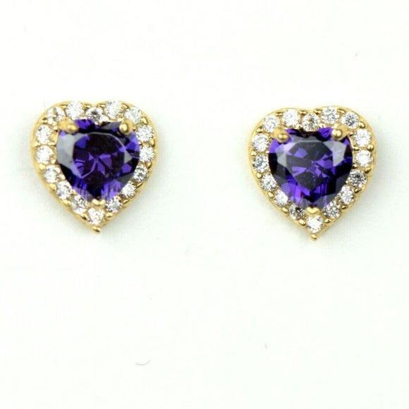 14K Yellow Gold Love Heart Halo Push Back Earrings with Sparkling Birthstones - Picture 2 of 10